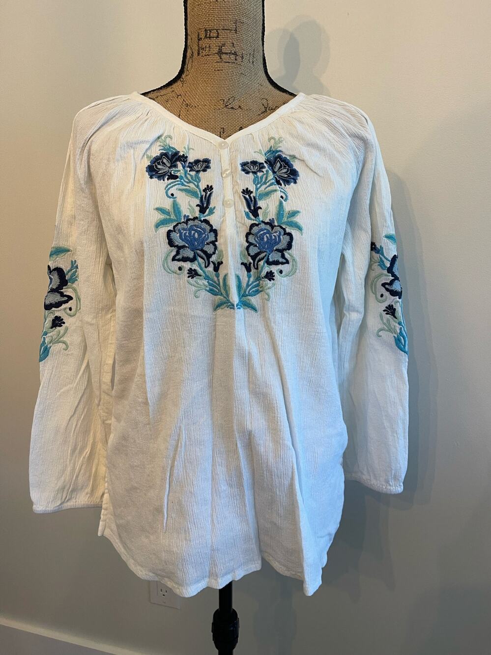 Norm Thompson Boho Floral Long Sleeve Blouse Size Medium